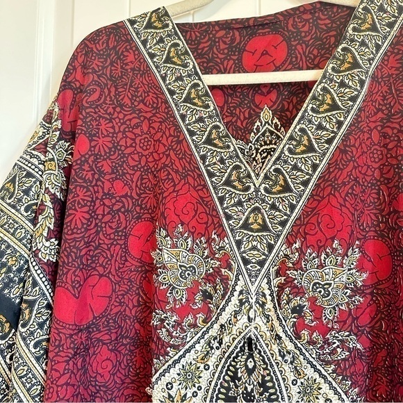 Bohemian poncho crimson beige gold exotic pattern swim cover up wrap OS - Picture 2 of 6